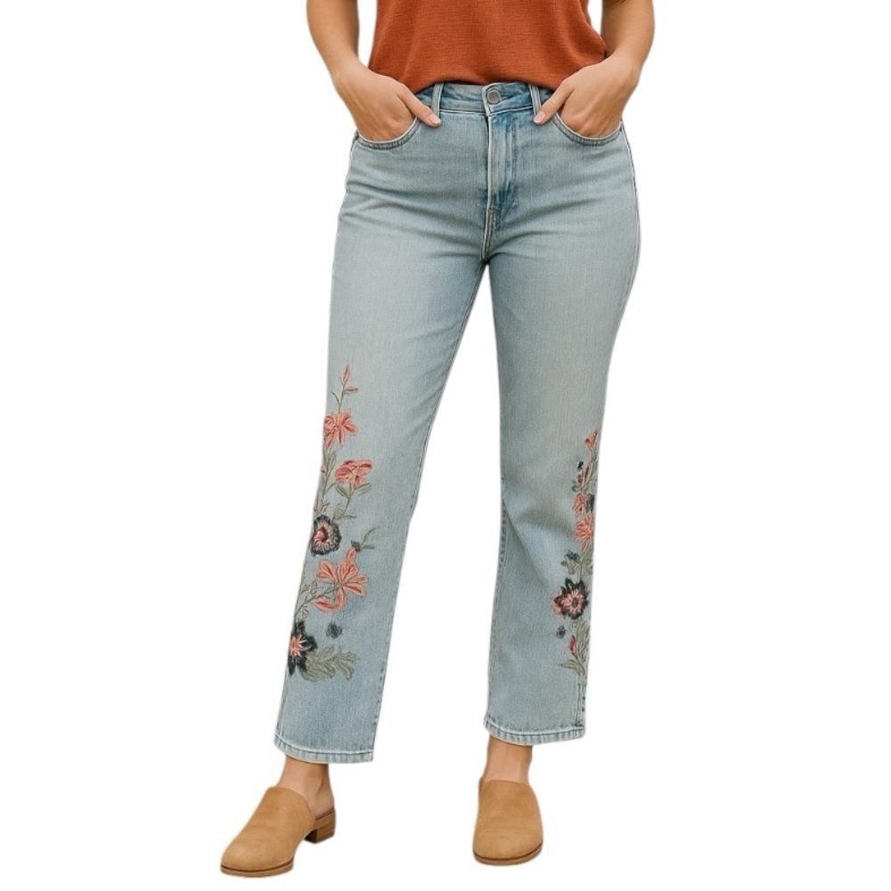 FDJ Christina UK 10 Cropped Embroidered Straight Leg Jeans Cotton Blend Stretch